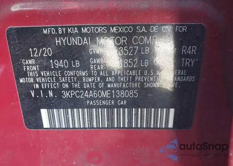 2021 Hyundai Accent Se from USA, damaged, VIN 3KPC24A60ME138085